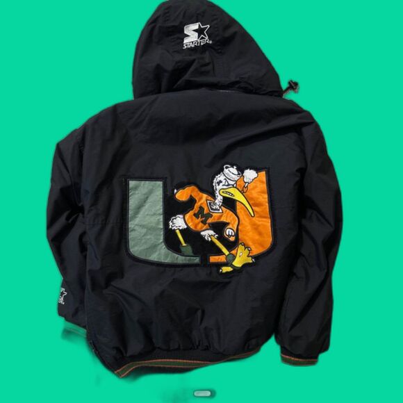 VTG 90s NCAA MIAMI HURRICANES STARTER PUFFER JACKET HOODIE SIZE XS BLACK